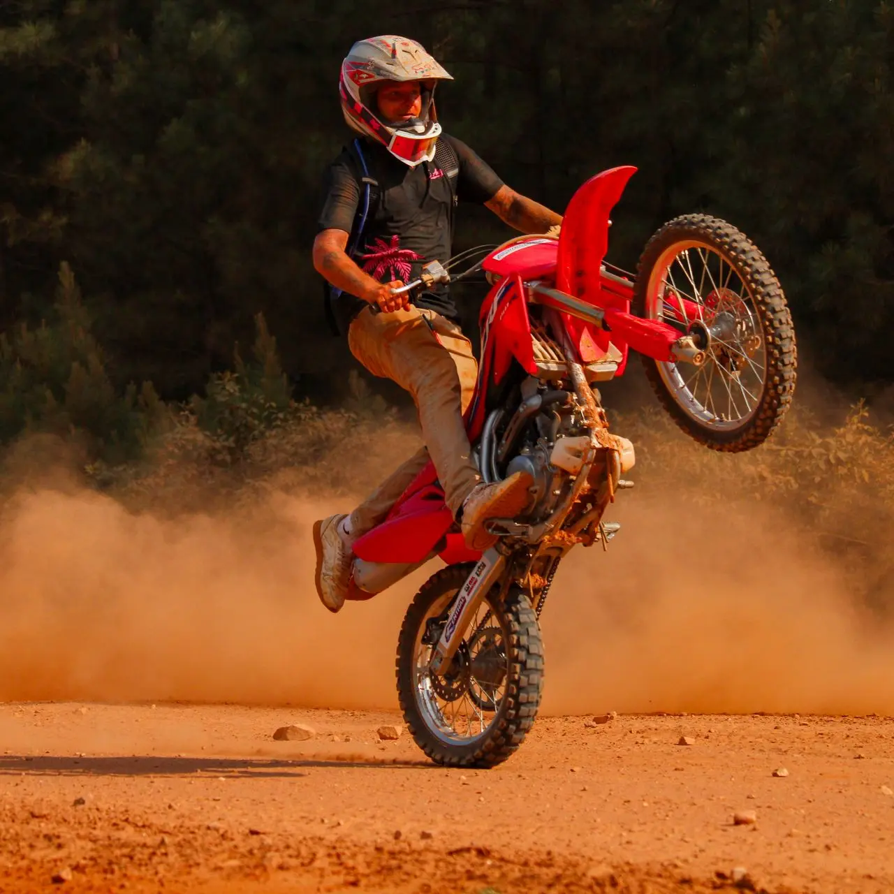 Red dirt bike doing a wheelie down a dusty Iron Mountain trail.